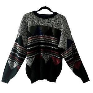 IMPACT Vintage Mens Sweater Geometric Print Genuine Leather‎ Trim Sz L Whimsical